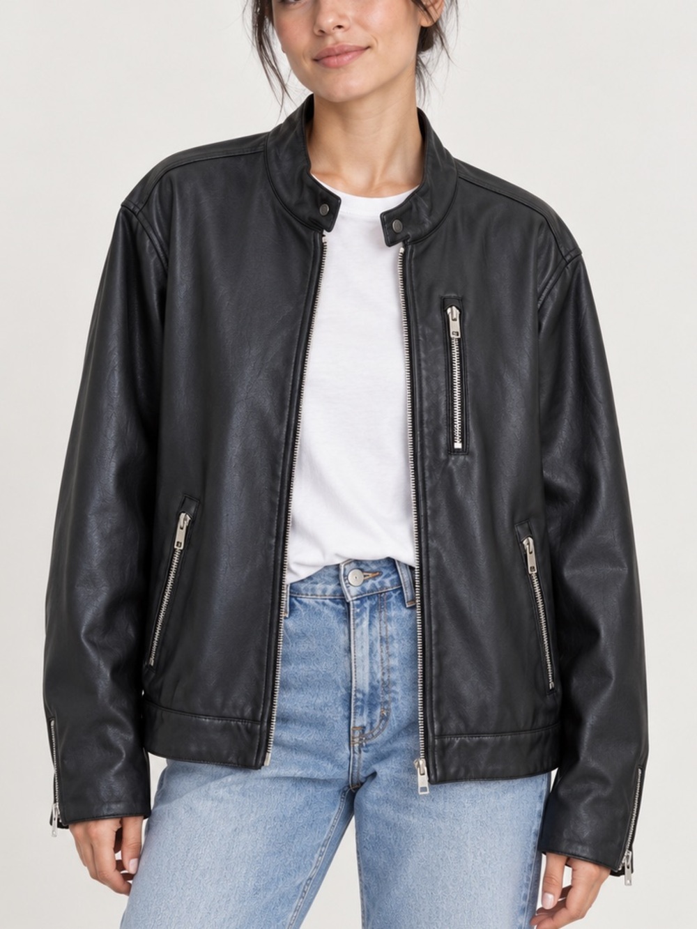 Black Faux Leather Moto Jacket H&M Women’s M Cafe Racer Biker Zip-Up Lined Cuffs